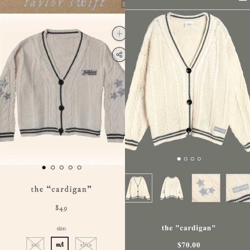 selslovr's tweet photo. btw the new cardigan is 42% more expensive than the original one which is double inflation rates since the first one came out. please stop saying it’s inflation and admit that it’s greed. https://t.co/WgNja37myI