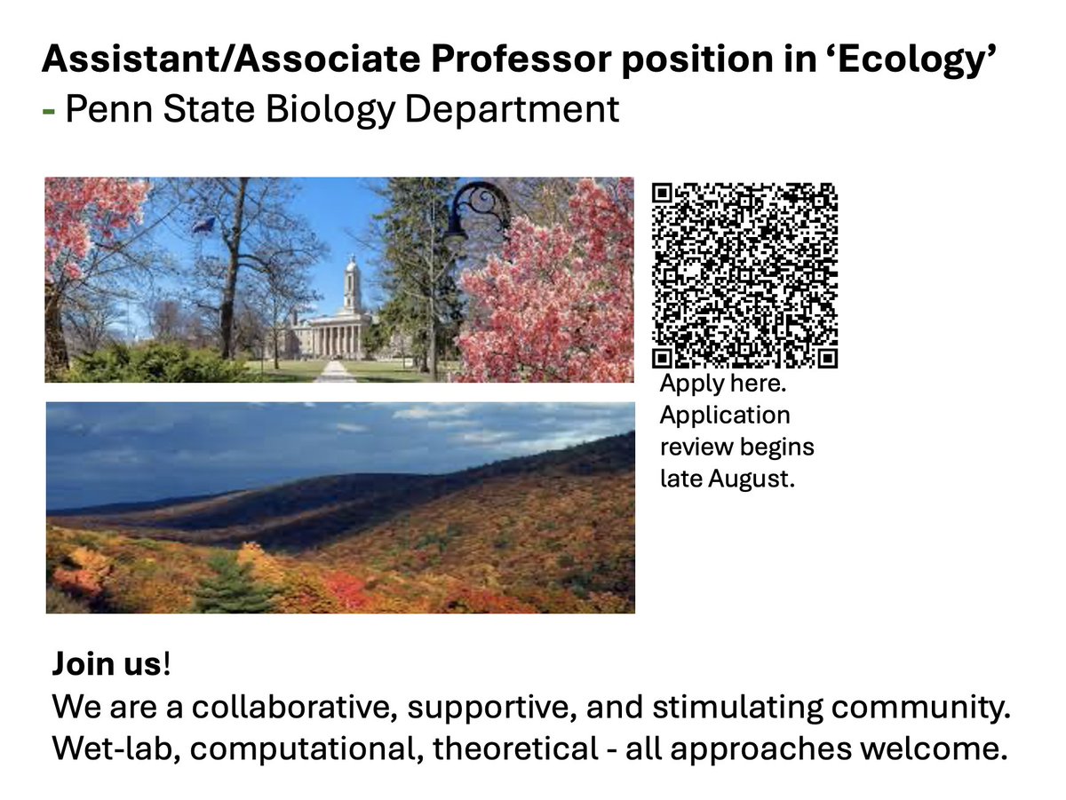 Penn State Biology (@pennstatebio) on Twitter photo The Department of Biology at Penn State is searching for a new professor of Ecology. Apply here: tinyurl.com/3pjc5szv #blackinstem #latinxinstem #indigenousinstem #diversityinstem #LGBTinSTEM #womeninstem <a href="/PSUScience/">Penn State Eberly College of Science</a> The Department of Biology at Penn State is searching for a new professor of Ecology. Apply here: tinyurl.com/3pjc5szv #blackinstem #latinxinstem #indigenousinstem #diversityinstem #LGBTinSTEM #womeninstem <a href="/PSUScience/">Penn State Eberly College of Science</a>