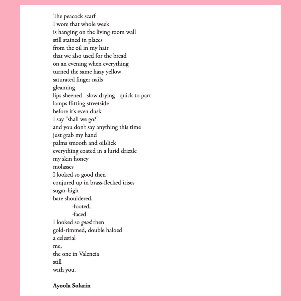 A <a href="/ayoolasolarin/">Ayoola Solarin</a> classic from the Issue 2 vaults! Heartbreak in the sunshine, but also a gentle nostalgic celebration of love and an exact moment in time: “I looked so GOOD then”.