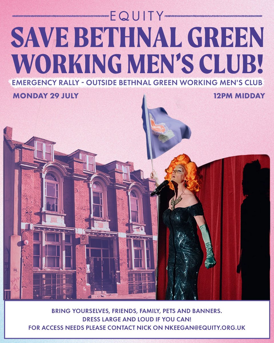 🚨 Emergency Rally -  Save Bethnal Green Working Men’s Club! 🚨

Monday 29 July - Midday, Outside BGWMC

Stand up for small venues. 🎶
Stand up for LGBTQ+ spaces. 🏳️‍🌈🏳️‍⚧️
Defend jobs in our community. ✊

Please share. RSVP 👇
megaphone.org.uk/events/emergen…