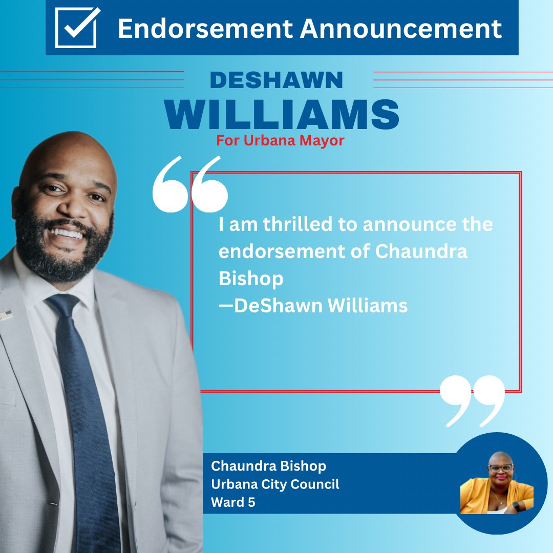 ElectDeShawn's tweet photo. I’m excited to announce our first round of endorsements!

It’s an honor to have been endorsed by 5 of the 7 sitting Urbana City Council members: Chris Evans (Ward 2), Jaya Kolisetty (Ward 4), Chaundra Bishop (Ward 5), Grace Wilken (Ward 6), and James Quisenberry (Ward 7). https://t.co/zOBNPGIleP