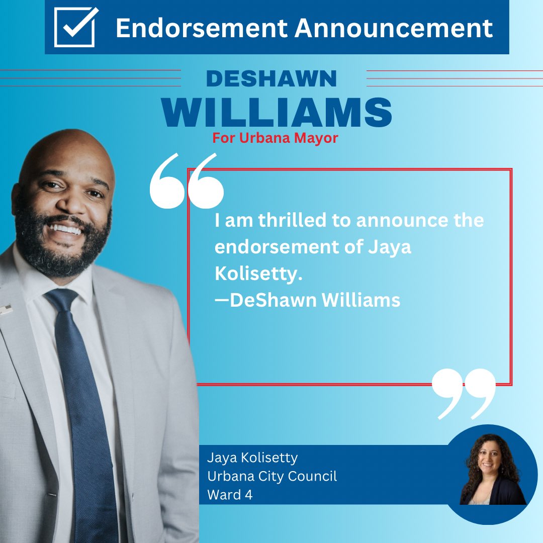 ElectDeShawn's tweet photo. I’m excited to announce our first round of endorsements!

It’s an honor to have been endorsed by 5 of the 7 sitting Urbana City Council members: Chris Evans (Ward 2), Jaya Kolisetty (Ward 4), Chaundra Bishop (Ward 5), Grace Wilken (Ward 6), and James Quisenberry (Ward 7). https://t.co/zOBNPGIleP