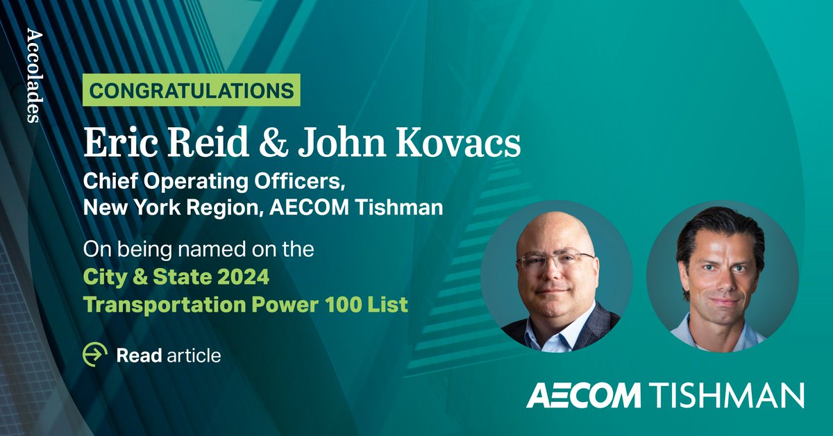 AECOM Tishman COOs Eric Reid and John Kovacs are on the City &amp; State 2024 Transportation Power 100 List! Their leadership at AECOM Tishman, especially with The New Terminal One at JFK, is transforming travel for New Yorkers. #Leadership #AECOMTishman #NewTerminalOne #JFK  #NYC