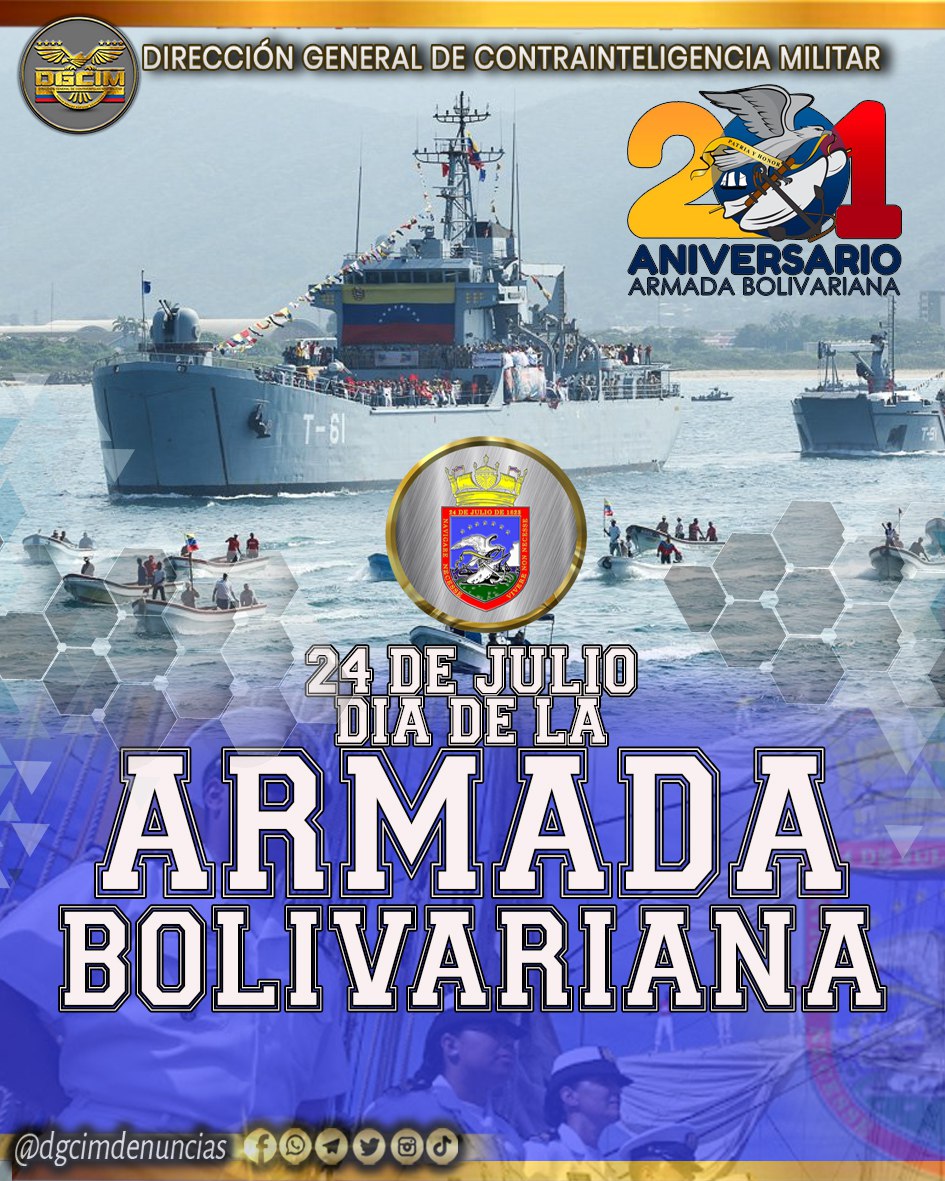#24jul || Celebramos el Día de la Armada Bolivariana, honrando a aquellos hombres y mujeres patriotas que dedican su vida al resguardo de nuestros espacios acuáticos, contribuyendo con la seguridad y defensa de nuestra nación. 
.
.
.
<a href="/ArmadaFANBVzla/">Armada_ve</a>