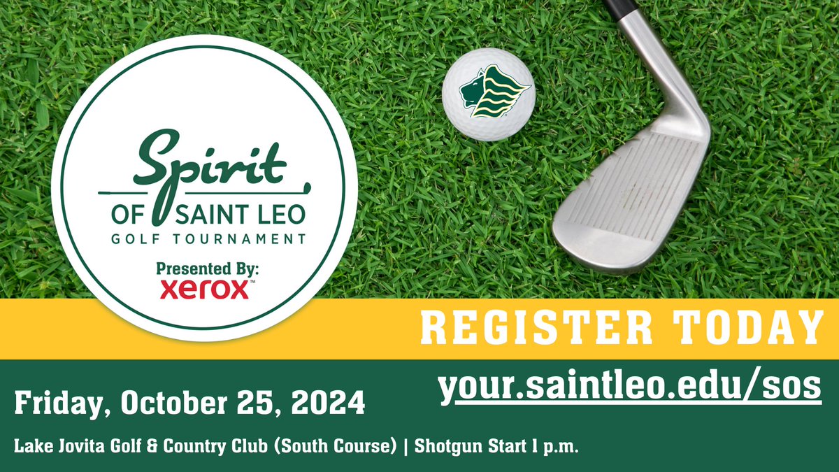 SaintLeoLions's tweet photo. Join us for the 23rd annual Spirit of Saint Leo Golf Tournament on Friday, October 25th, at Lake Jovita Golf &amp; Country Club.

Registration for the event is now open:
https://t.co/YrKHszY23q

Sponsorship opportunities are available! 

#GOLIONS 🦁 | #SAINTLEO1PRIDE 🦁 https://t.co/JTnIjrfoIA