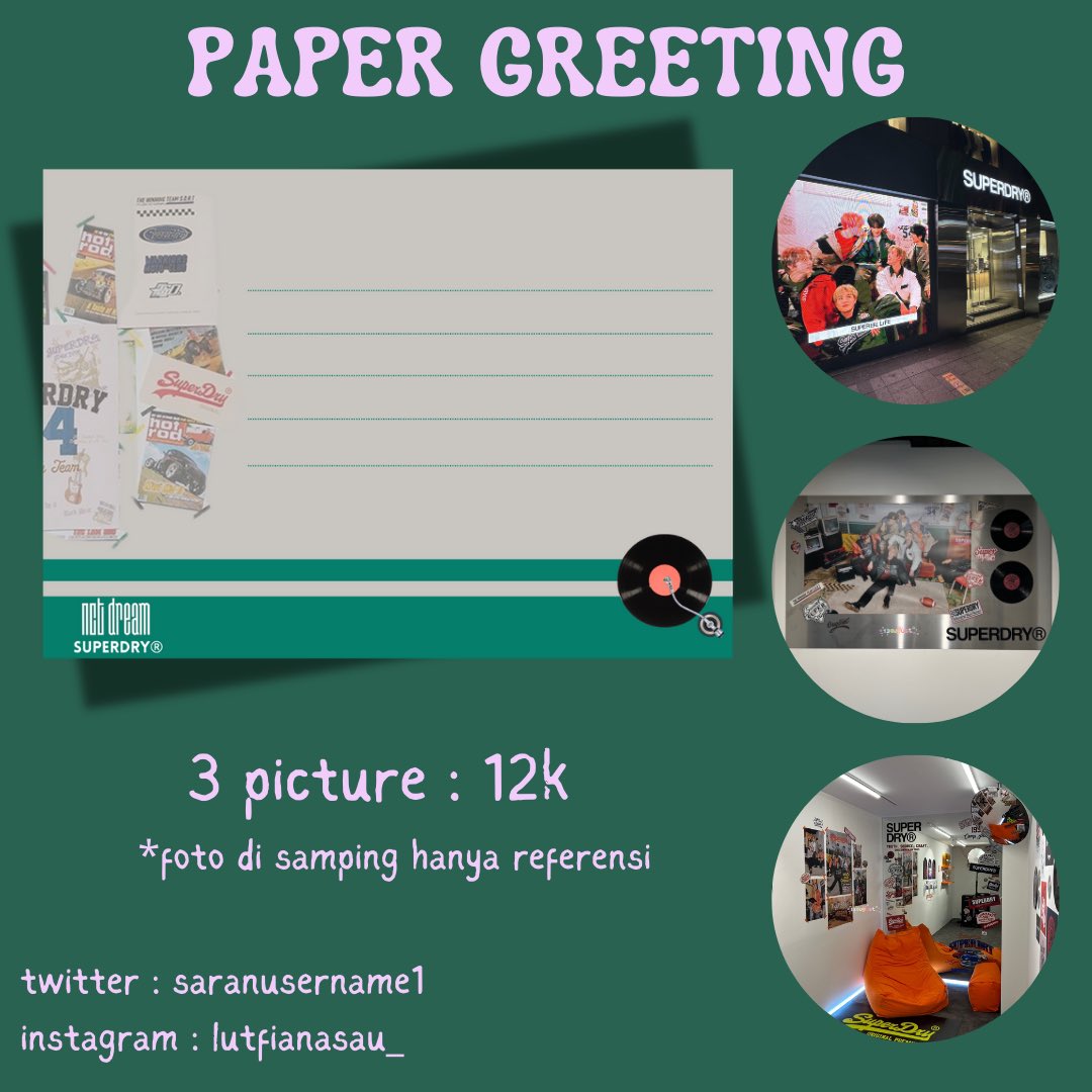 saranusername1's tweet photo. Open Paper Greeting

📍Narcissism 
📍Pop up store NCT 127
📍Store Superdry x NCT Dream
📍Cafe Seasony

✅Mendapat 3 foto

💰Start from 8k

Limited Slot✨

https://t.co/pbhAMTD80X

#NARCISSISM #NCT127 #NCT127_WALK #NCTDREAM #NCTDREAMxSUPERDRY #PaperGreeting https://t.co/IW9UNxNaWO