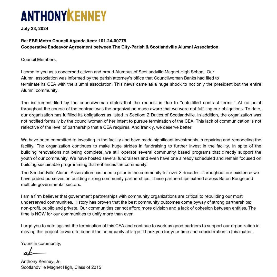 _AKenney's tweet photo. KENNEY STANDS WITH SCOTLANDVILLE ALUMNI ASSOCIATION.
Let’s push for #ImpactOverInfluence and strive for a more transparent, accountable Baton Rouge.
#ImpactOverInfluence #Scotlandville #District2 https://t.co/TVQpsjHEyk