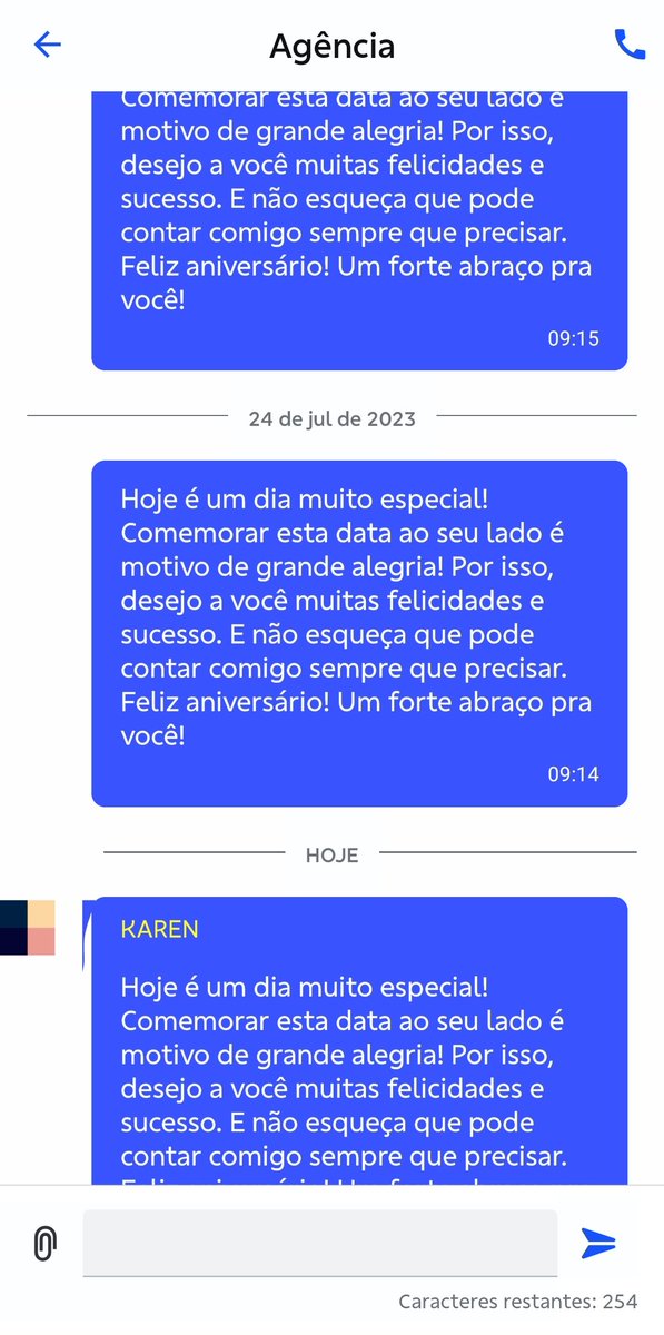 JCMorenodeSousa's tweet image. Pessoal do @BancodoBrasil nem pra fazer o mínimo esforço de mudar a mesma mensagem automática que chega todo ano.