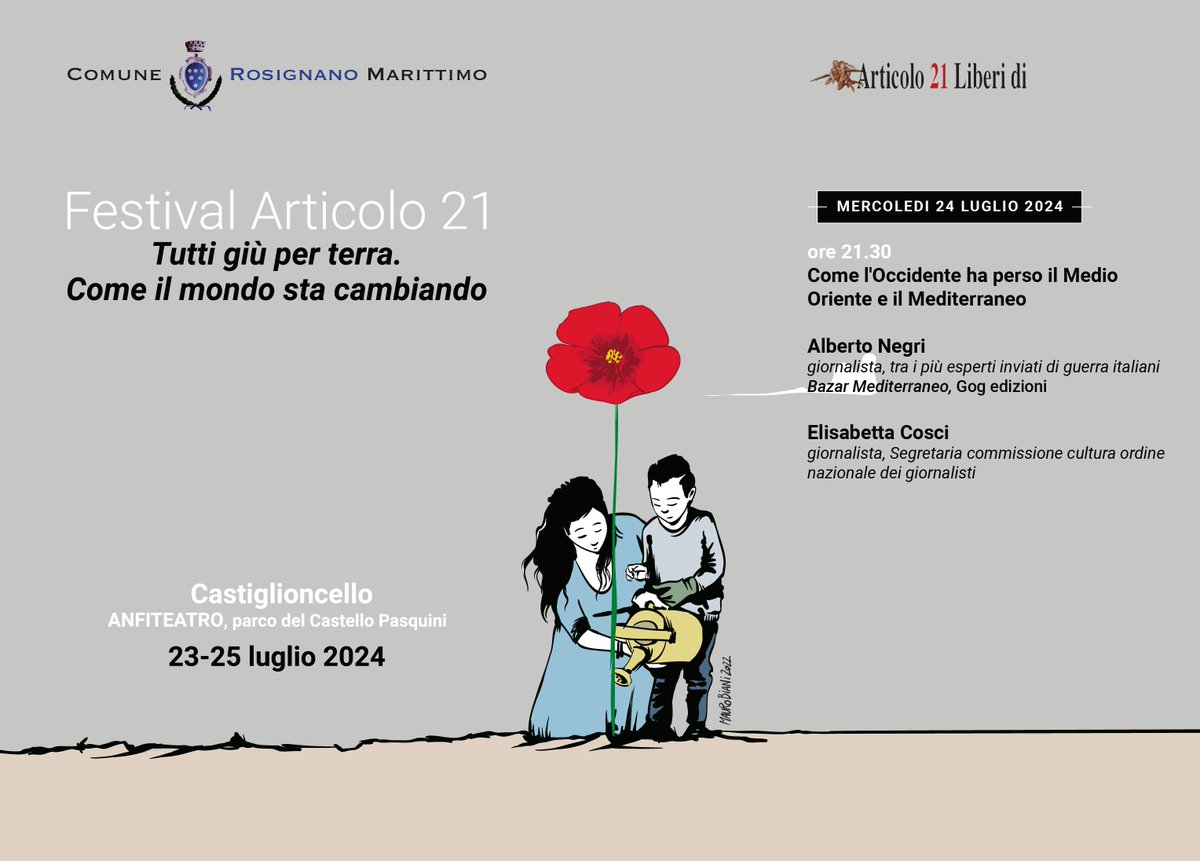 elisabetta cosci (@elisabettacosci) on Twitter photo Mercoledì 24 luglio ore 21:30 con Alberto Negri, all'auditorium Giuliano Scabia, nell'mbito del Festival Articolo 21, "Tutti giù per terra, come il mondo sta cambiando" parliamo di "Come l'Occidente ha perso il Medio Oriente e il Mediterraneo" <a href="/Artventuno/">articolo21.info</a> Mercoledì 24 luglio ore 21:30 con Alberto Negri, all'auditorium Giuliano Scabia, nell'mbito del Festival Articolo 21, "Tutti giù per terra, come il mondo sta cambiando" parliamo di "Come l'Occidente ha perso il Medio Oriente e il Mediterraneo" <a href="/Artventuno/">articolo21.info</a>
