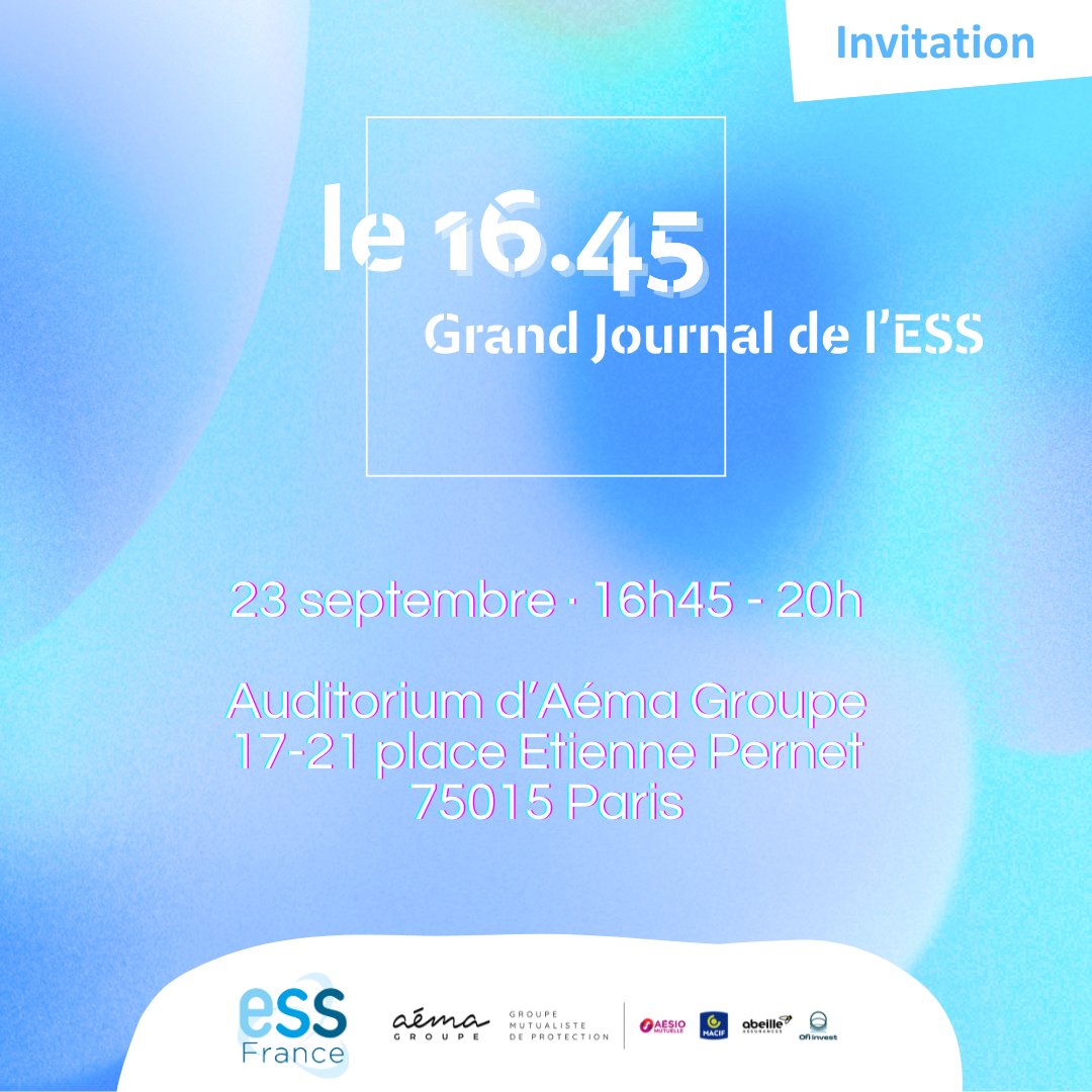 📺 Grand Journal de l’ESS !

En partenariat avec <a href="/Aema_Groupe/">Aéma Groupe</a>, ESS France vous convie le 2️⃣3️⃣ septembre à son événement de rentrée. Priorités du plaidoyer d’ESS France et valorisation du savoir-faire démocratique des structures #ESS sont au programme.

➡️ server.matchmaking-studio.com/fr/tR739kgK4w/
