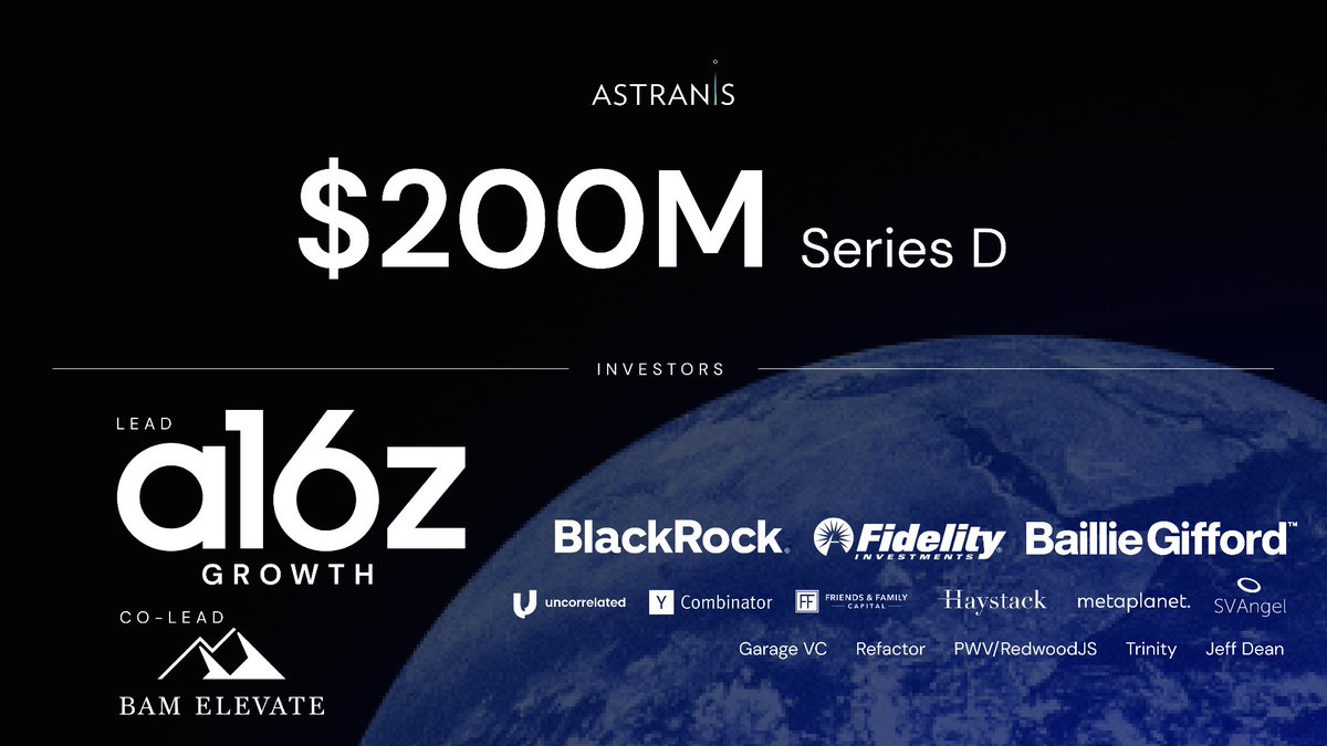 Astranis has raised a $200 million Series D, led by a16z Growth Fund and  co-led by BAM Elevate. This brings our total capital raised to $750  million, and gets us one step