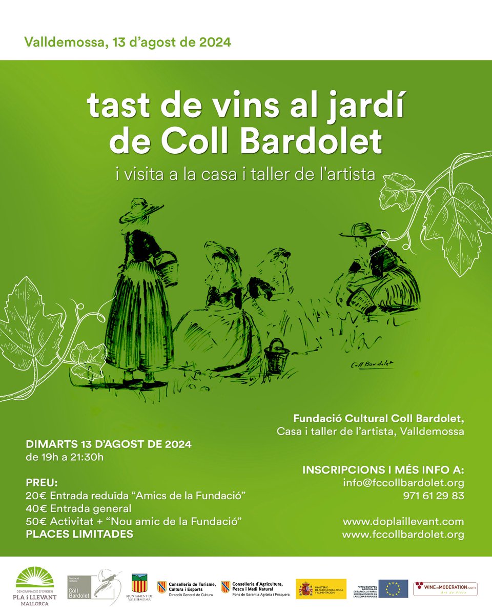 Emmarcat en el Capvespre Art Fest, el 13 d'agost realitzem un tast de vins al jardí de la casa de Coll Bardolet. Gaudeix de la visita a la casa i taller de l'artista a càrrec d'Olga Coll, i d'un tast de vins al jardí d'aquest indret, conduït per Daniel Arias. 
No t'ho perdis!