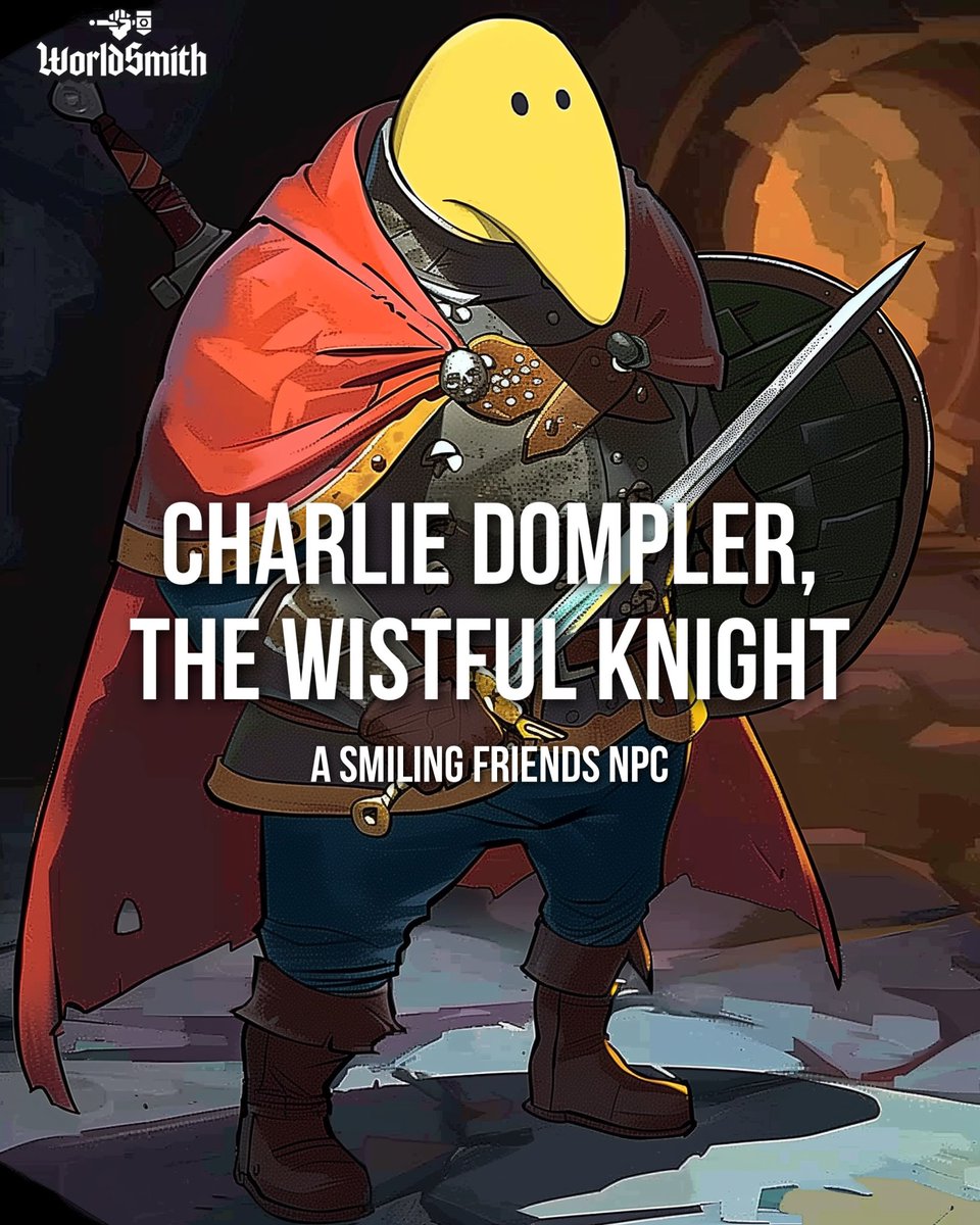 WorldSmithio's tweet photo. What should we make next? Comment to see YOUR idea come to life!

We made Charlie in seconds using WorldSmith! Check out this ai tool designed by dungeon masters, for dungeon masters 🐉 Link in bio! #worldsmith #dungeonsanddragons #dnd #dnd5e #ai #dnd5e #dndart #smilingfriends https://t.co/oxUjjJ34Xg