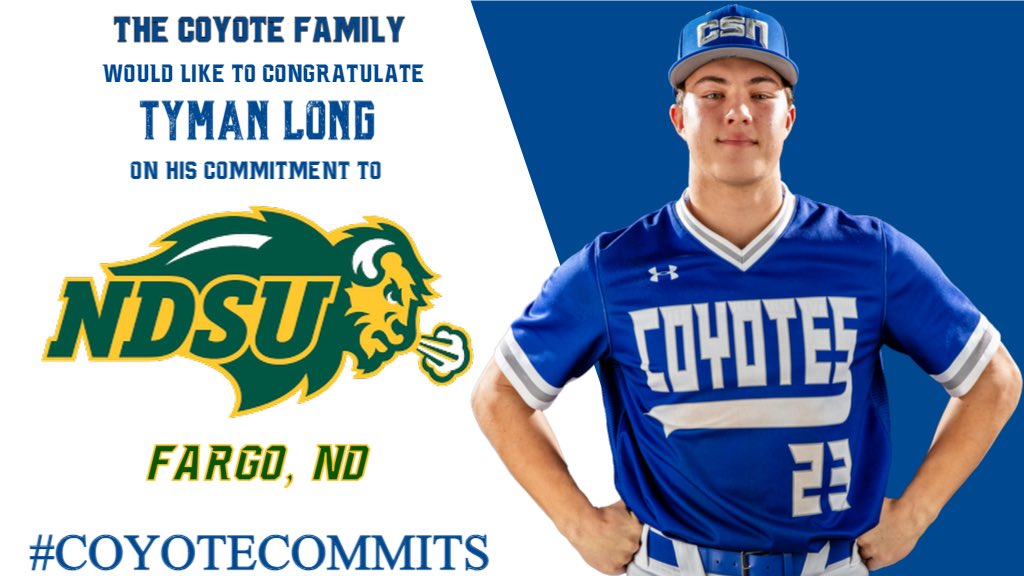 The Coyote Family is ecstatic to congratulate Tyman Long on his commitment to continue his academic and athletic career with North Dakota State University in Fargo, ND.
🐺⚾️➡️🦬⚾️ #D1Bound #GoBison #CoyoteCommits