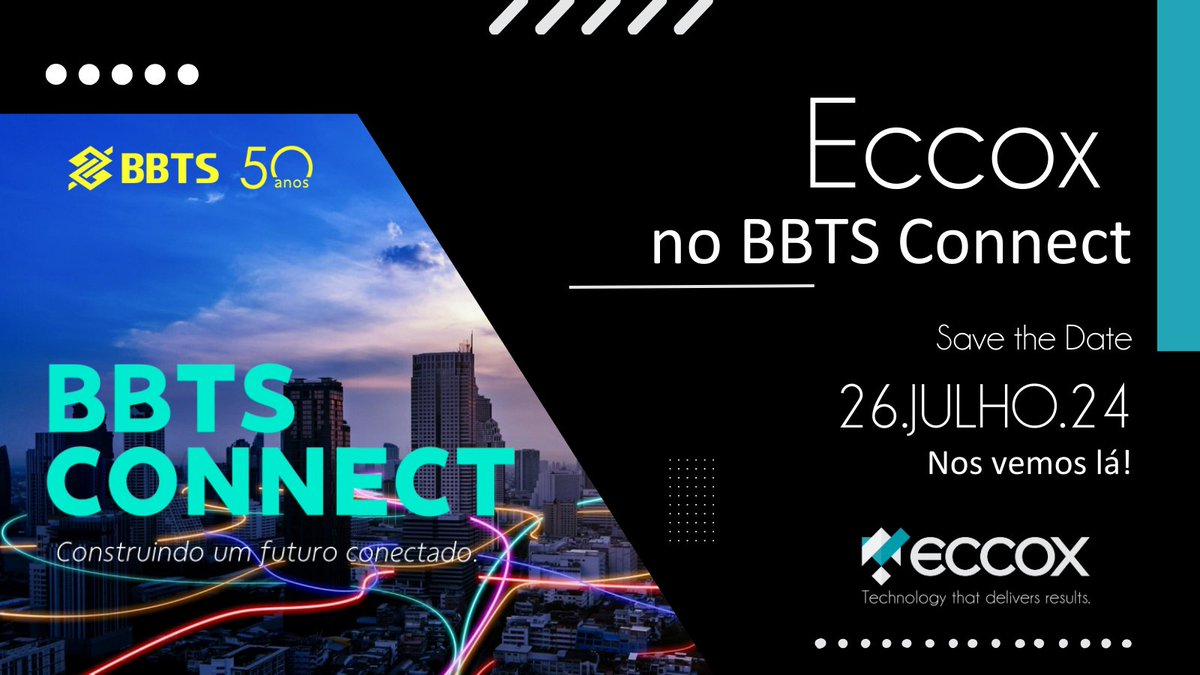 EccoxTechnology's tweet photo. We are proud to announce that we are sponsors of BBTS Connect 2024 as we celebrate 50 years of BBTS!
Participate in a full day of lectures and exchange of experiences with some of the main companies of the Banco do Brasil Conglomerate, Government and market. #Eccox #BBTS #events https://t.co/CpCsWxQNNz
