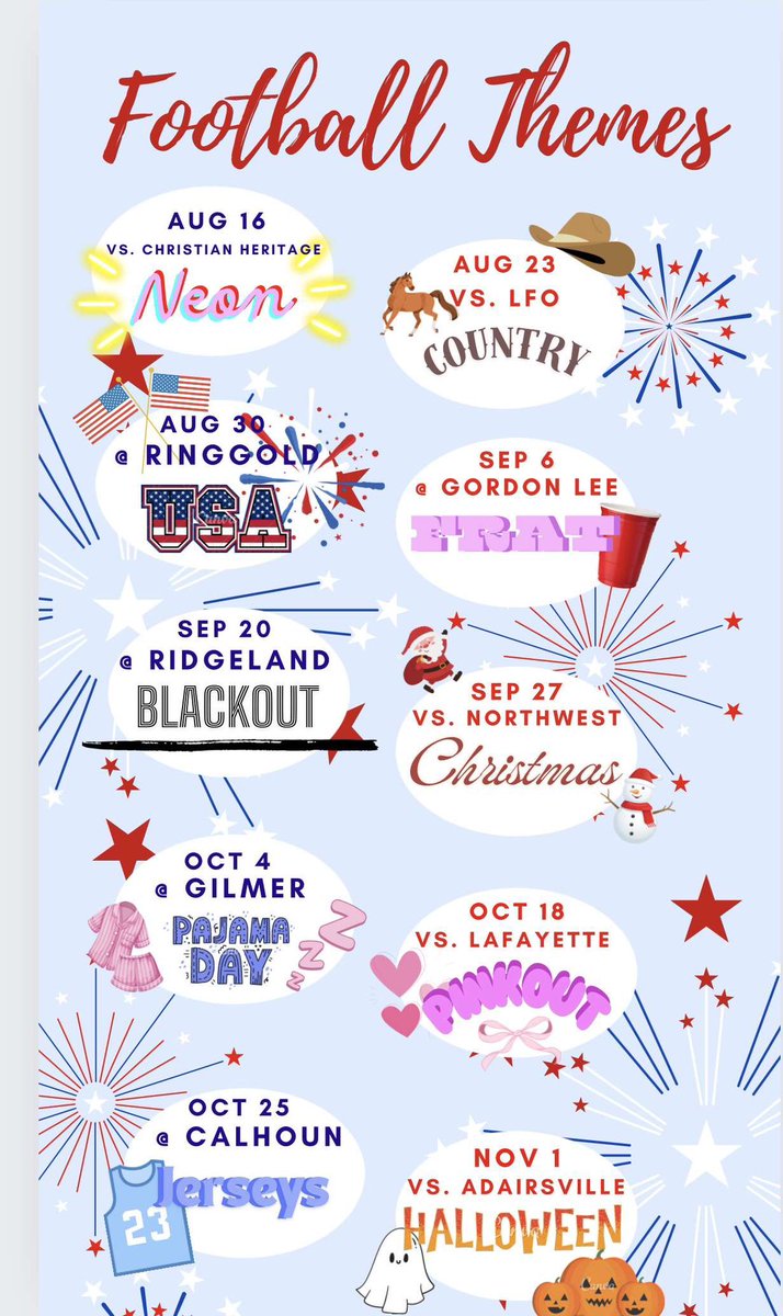 🚨Attention Generals🚨 
🔴🔵 these are the 2024 football student section themes🔴🔵