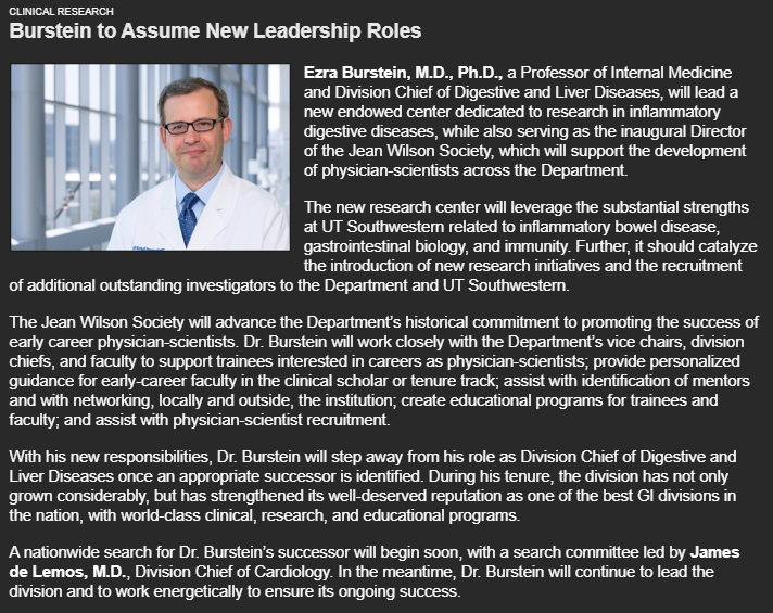 UTSW Internal Medicine Resident Research Programs (@utsw_imresrsrch) on Twitter photo Congratulations to Dr. Ezra Burstein on being appointed as the Director of the Jean Wilson Society! <a href="/UTSWInternalMed/">UT Southwestern Internal Medicine</a> <a href="/ezraburstein/">ezra burstein</a> #PSTP #physicianscientist #MedicalResearch #AcademicMedicine Congratulations to Dr. Ezra Burstein on being appointed as the Director of the Jean Wilson Society! <a href="/UTSWInternalMed/">UT Southwestern Internal Medicine</a> <a href="/ezraburstein/">ezra burstein</a> #PSTP #physicianscientist #MedicalResearch #AcademicMedicine