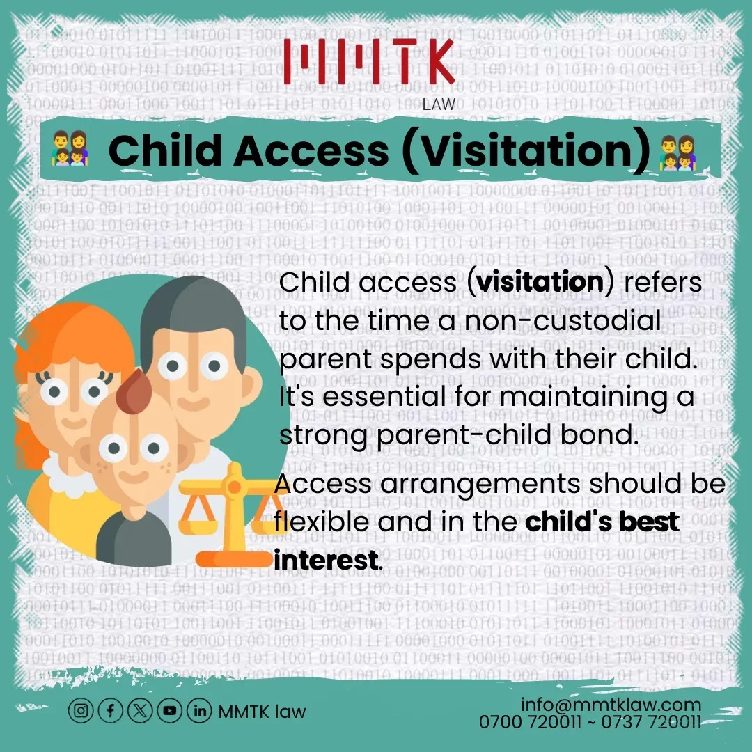 MMTKLaw's tweet photo. Child Access (Visitation)
Child access (visitation) refers to the time a non-custodial parent spends with their child. It's essential for maintaining a strong parent-child bond.  
Access arrangements should be flexible and in the child's best interest.   #childcustody #kenyalaw https://t.co/ZVEilZFb6x
