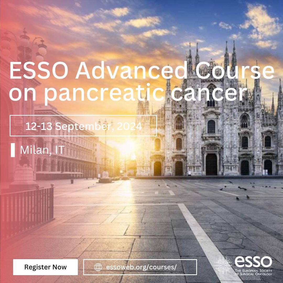 ESSOnews's tweet image. 🚨 Just a few spots remaining! Don’t miss the ESSO Advanced Course on Pancreatic Cancer, 12-13 September 2024. Sign up today! #ESSOCourse #CancerSurgery 
More info 👉  buff.ly/4aiAlu3