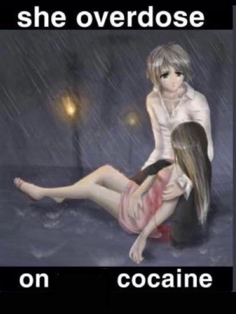 blank template SHE OVERDOSE ON __ COCAINE anime guy rainy rain hold stare  look girl lie lying down collapse street emo dramatic dead pass out died  rip drugs addict gaze longingly grey, image size:827x1100