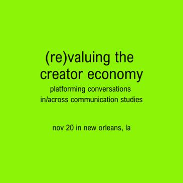 jess rauchberg, phd (@jessrauchberg) on Twitter photo ANNOUNCING: (Re)Valuing the Creator Economy Preconference | 20 Nov 2024 in NOLA
This is the first <a href="/NatComm/">National Communication Association</a> precon focused on Creator Studies, and we're looking for panelists!
Organized by me, <a href="/drjessmaddox/">Dr. Jess Maddox</a> <a href="/MeganZahay/">Megan L Zahay, PhD (@meganzahay.bsky.social)</a> and @performingwoman
Info below! โคต๏ธ
1/x ANNOUNCING: (Re)Valuing the Creator Economy Preconference | 20 Nov 2024 in NOLA
This is the first <a href="/NatComm/">National Communication Association</a> precon focused on Creator Studies, and we're looking for panelists!
Organized by me, <a href="/drjessmaddox/">Dr. Jess Maddox</a> <a href="/MeganZahay/">Megan L Zahay, PhD (@meganzahay.bsky.social)</a> and @performingwoman
Info below! โคต๏ธ
1/x