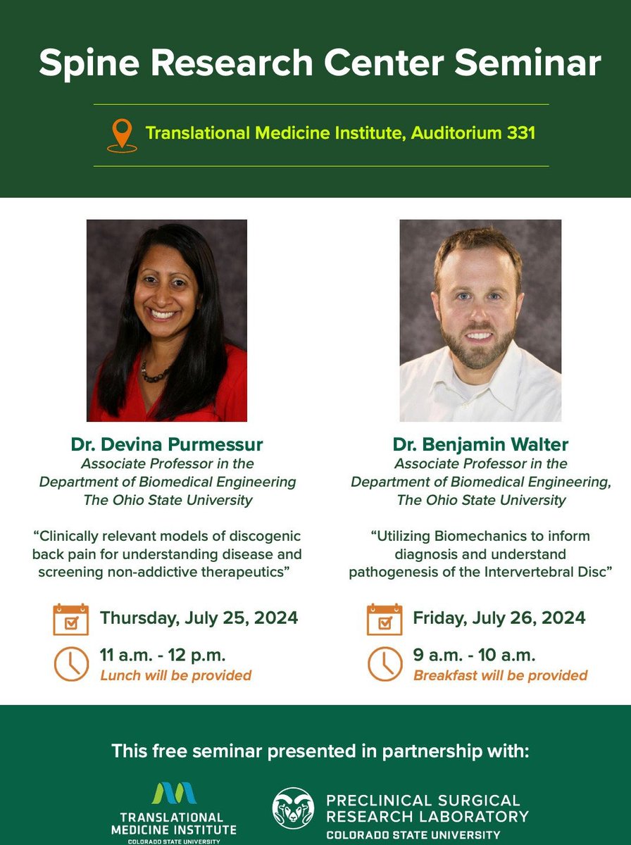 Andres Felipe Bonilla (@afbonilla10) on Twitter photo Don't miss out on the first seminar lectures of the Spine Research Center at <a href="/CSUVetMedBioSci/">CSUVetMed&BioScience</a> <a href="/CSU_TMI/">TRANSLATIONAL MEDICINE INSTITUTE</a> <a href="/CSUMechEngr/">CSU Mechanical Engineering</a> with Dr. @DevinaPurmessur and Dr. Ben Walters from <a href="/OhioStateBME/">OhioStateBME</a> It's happening tomorrow and Friday, July 25th. Join us for some amazing insights! Don't miss out on the first seminar lectures of the Spine Research Center at <a href="/CSUVetMedBioSci/">CSUVetMed&BioScience</a> <a href="/CSU_TMI/">TRANSLATIONAL MEDICINE INSTITUTE</a> <a href="/CSUMechEngr/">CSU Mechanical Engineering</a> with Dr. @DevinaPurmessur and Dr. Ben Walters from <a href="/OhioStateBME/">OhioStateBME</a> It's happening tomorrow and Friday, July 25th. Join us for some amazing insights!