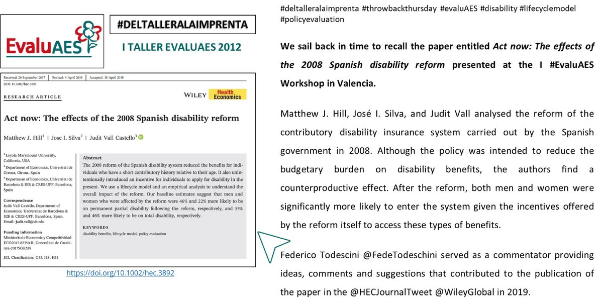AESeconsalud's tweet photo. #DelTalleraLaImprenta de #EvaluAES
๐๐ #disability #lifecyclemodel #policyevaluation
Hill, M. J., Silva, J. I., & Vall Castello, J. (2019).
Act now: The effects of the 2008 Spanish disability reform.
@juditvall @FundacioIEB @CRESUPF @UniBarcelona @FedeTodeschini
๐งต๐ https://t.co/OQbU86HCQe