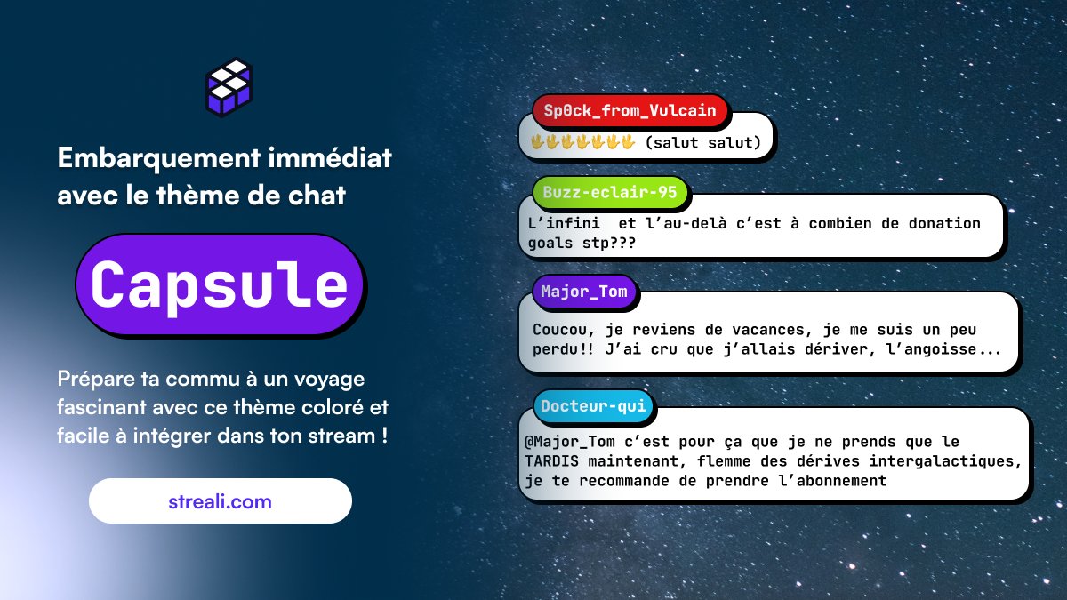 Aujourd'hui sur Streali, on te propose de découvrir Capsule, un thème pour ton chat au style audacieux qui plaira à celles et ceux qui veulent un espace de discussion original et coloré. ☄️

✨Capsule est à shopper dès maintenant sur Streali : streali.com/chats/capsule