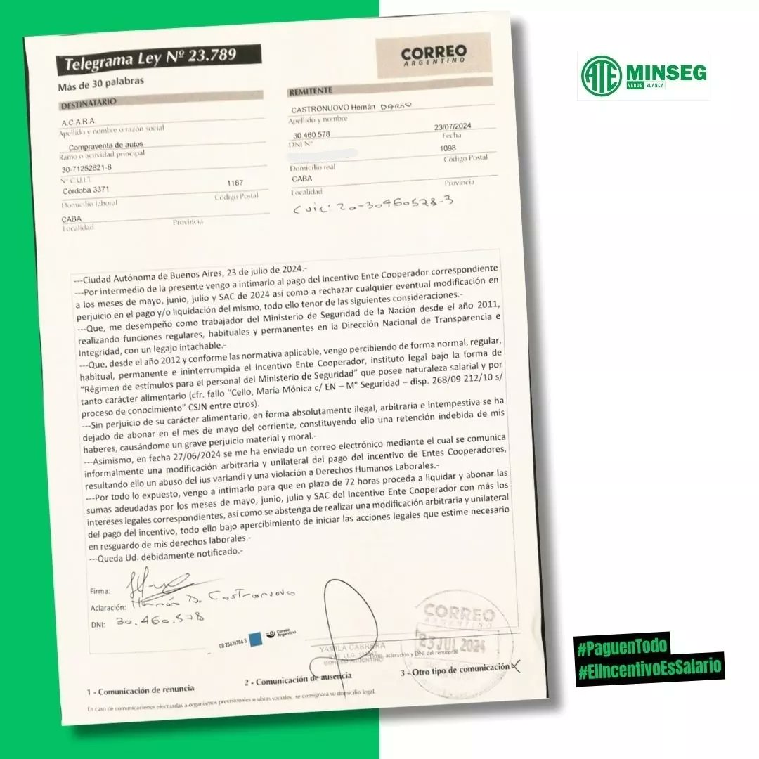 ATESeguridad's tweet photo. 👉🏼 SEGUIMOS CON LAS ACCIONES LEGALES: EL INCENTIVO ES SALARIO

Desde nuestra Junta Interna encabezamos la acción legal en rechazo a la decisión arbitraria y unilateral de la gestión del @MinSeg a cargo de @PatoBullrich de recortar nuestros salarios (sigue) https://t.co/K1JxlVxwly