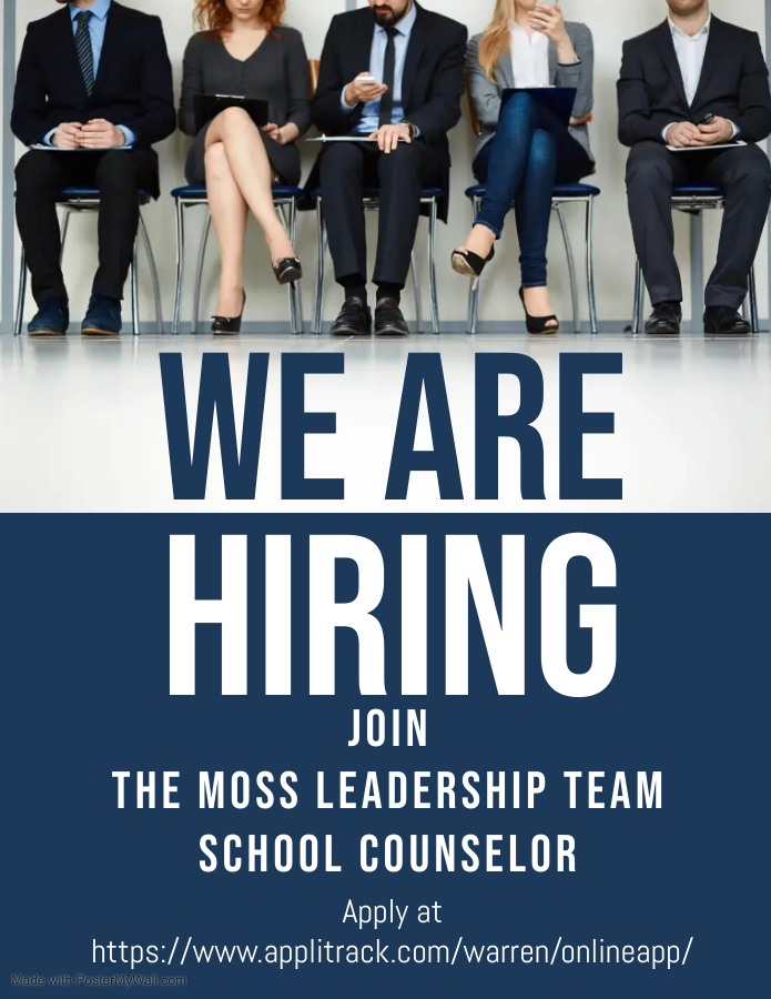 Moss Middle School is looking to add a Counselor to an amazing Leadership Team.  If interested, use the link below to apply.  <a href="/WarrenCoSchools/">Warren Co Schools</a> <a href="/HenryMossMiddle/">Henry Moss Middle</a>