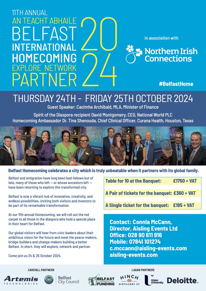 At our 11th annual Homecoming, we will roll out the red carpet to all those in the diaspora who hold a special place in their heart for Belfast.

📍Join us Thursday 24th October <a href="/TitanicHotelBel/">Titanic Hotel Belfast</a> 

Tickets online here 👉 aisling-events.com/events/belfast…

#BelfastHome