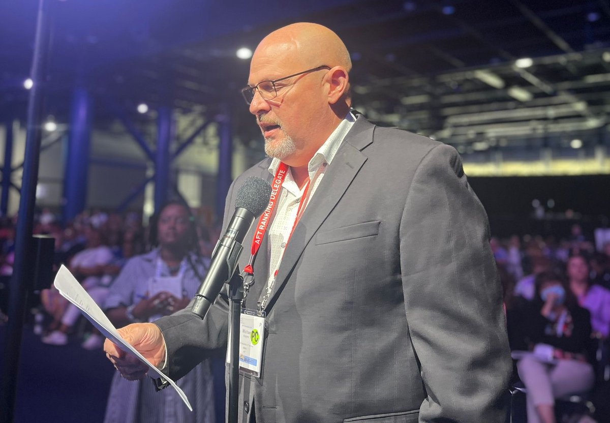 UFT's tweet image. Stay tuned for UFT President Michael Mulgrew’s presentation of an important resolution to protect the rights and benefits of our members. #AFT @AFTunion #RealSolutions