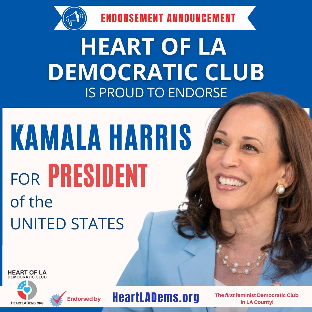The Heart of LA Democratic Club is thrilled to announce our official endorsement of Kamala Harris for President in 2024! 🎉Join us in celebrating and supporting Kamala! Let's go! 🚀
#Kamala2024 #HeartLADems #Endorsement #VoteBlue #Feminists