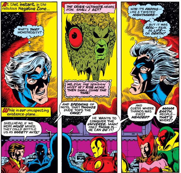 MarvelADay's tweet photo. #MarvelADay #CM28 While Captain Marvel has a strange encounter in the Negative Zone, Rick Jones tells the Avengers about the danger to “Mama Earth.” – JRW https://t.co/FPofP7vD93