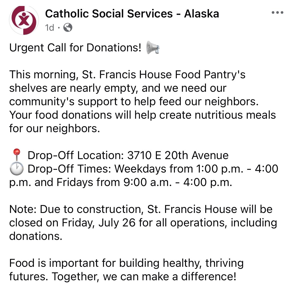 There is an urgent call for food donations at St. Francis Food Pantry, one of the most utilized pantries in Alaska’s biggest city. Shelves are nearly empty.

📍 Drop-Off Location: 3710 E 20th Avenue
🕐 Drop-Off Times: Weekdays from 1-4PM and Fridays from 9AM-4PM
 #akleg