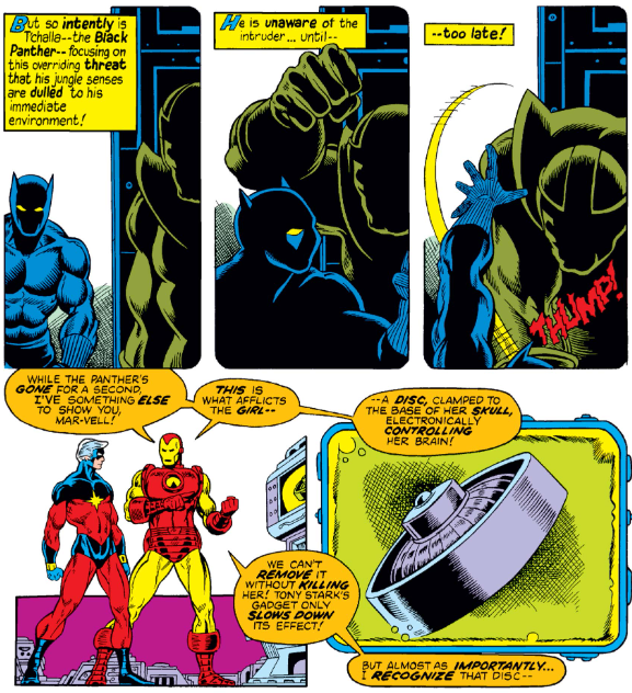 MarvelADay's tweet photo. #MarvelADay #CM28 Avengers Mansion has been infiltrated by a mysterious hulking figure who seems to have no difficulty taking down the team one by one. Yes, that control disc is a clue. - JRW https://t.co/WtB6GnwOqj