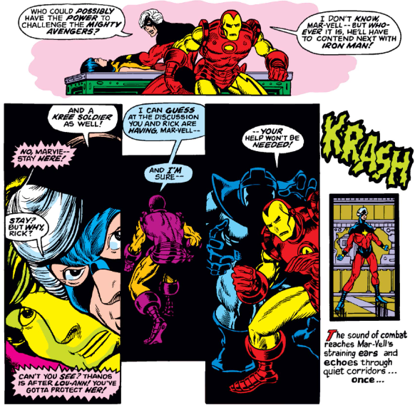MarvelADay's tweet photo. #MarvelADay #CM28 The Mysterious Hulking Figure takes out Iron Man, the last of the five Avengers featured in this story. It’s all up to Captain Marvel now. - JRW https://t.co/WJsxHFttfz