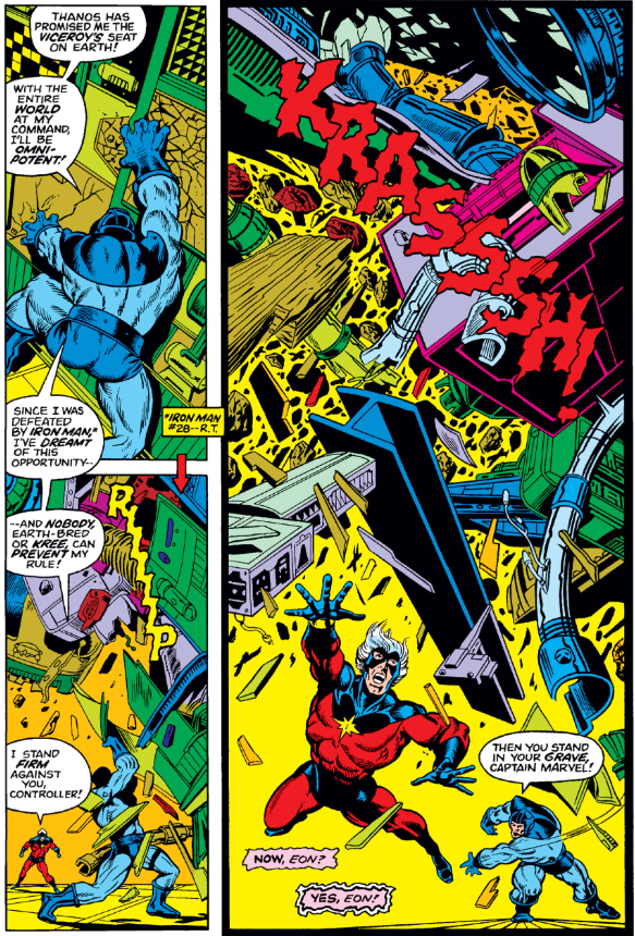 MarvelADay's tweet photo. #MarvelADay #CM28 Things are looking bad for the home team. Thanos has the Cosmic Cube and Captain Marvel is taken down by the Controller (who was never this effective as an Iron Man villain). – JRW https://t.co/b9Qy3MetpB
