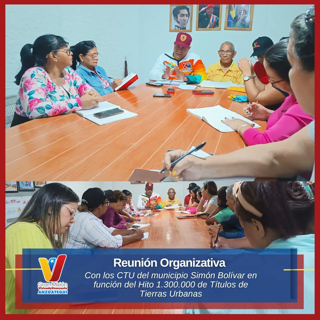 #ModoHitoTTUAnzoátegui📃

Reunión de responsables del hito 1.300.000 de Títulos de Tierras Urbanas que se llevará a cabo en Anzoátegui, con los voceros de los CTU a participar y la organización y desarrollo de esta importante actividad de la GMVV.