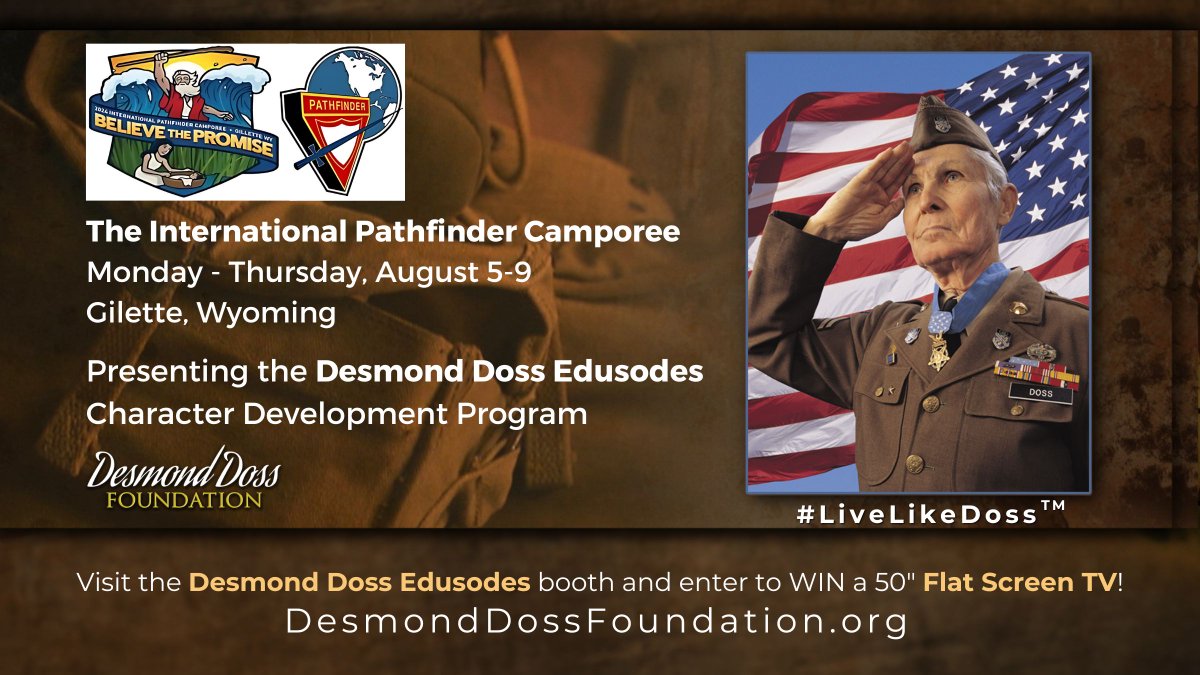 DesmondDoss's tweet photo. 🏅The Desmond Doss Edusodes be at the International Pathfinder Camporee 2024. 🇺🇸
Youth and adults from around the world. See about the @iCamporee 👉https://t.co/5CdV162CCE
#iCamporee #Events #Edusodes #DesmondDoss #MedalOfHonor #LiveLikeDoss #HacksawRidge #Okinawa #WWII https://t.co/grjCxam3u6