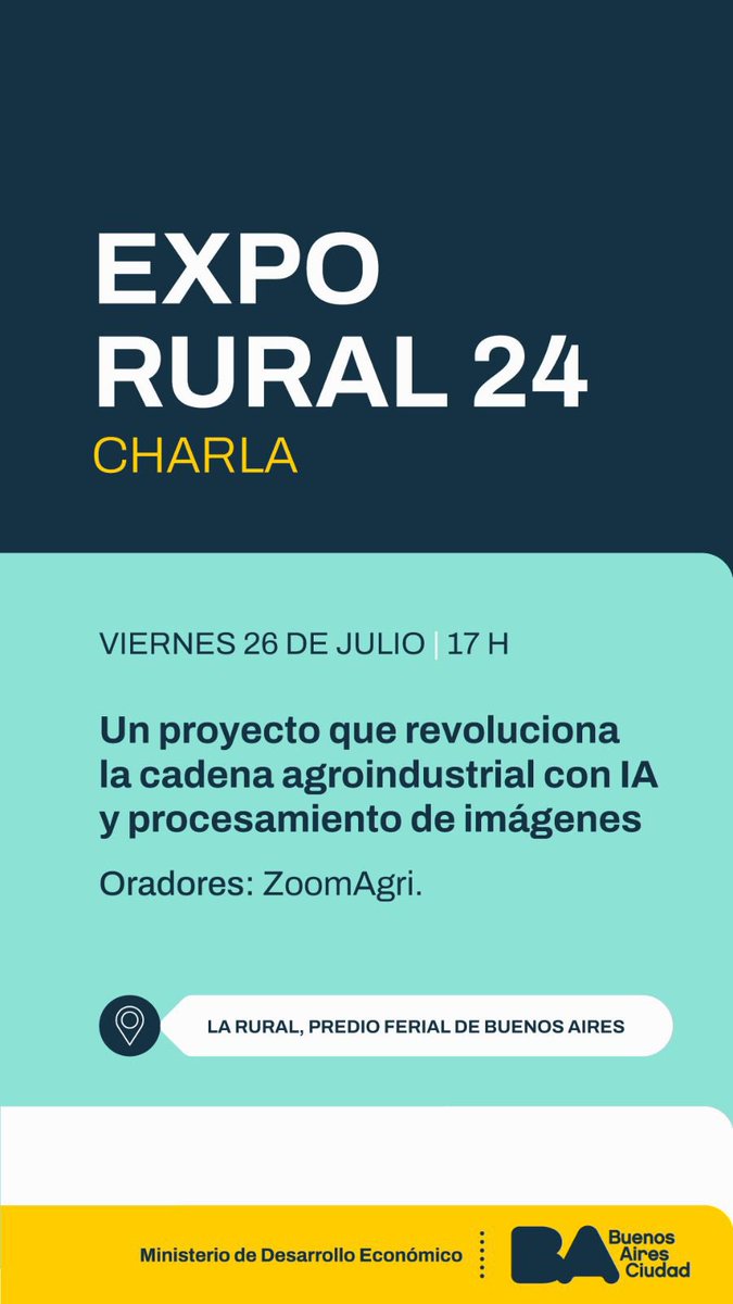 Este viernes a las 17 hs participaremos en el stand del <a href="/gcba/">Buenos Aires Ciudad</a> en <a href="/LaRural_BsAs/">La Rural</a>

Descubrí cómo estamos revolucionando la cadena agroindustrial con AI y procesamiento de imágenes. Te esperamos para realizar demostraciones en vivo! Traé tu muestra para analizar!

¡No te lo pierdas!