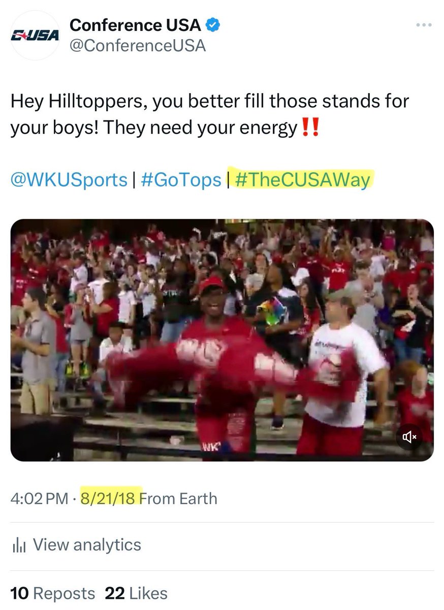 sarahbrudolph's tweet photo. NGL this threw me for a loop when I saw it this morning… 😅

I mean, I know they are made up of former Conference USA membership but #TheCUSAWay was literally our brand slogan from 2018-2022 before realignment. Also it rhymed so at least we got that going for us. https://t.co/gH4nh1doB5