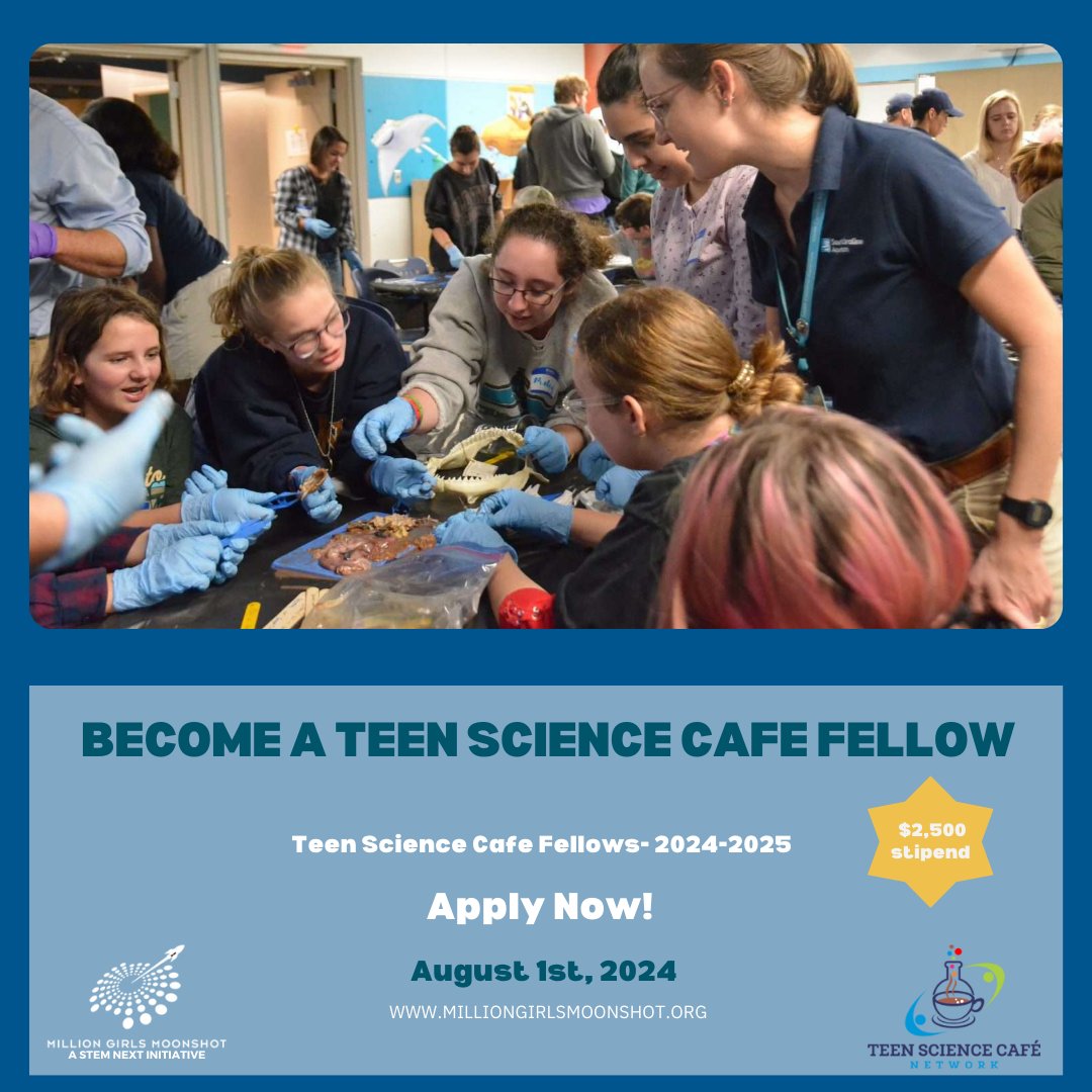 girlsmoonshot's tweet image. The Teen Science Cafe Fellows initiative is a ten-month training program to help educators implement @TeenScienceCafe. Fellows receive support to launch a cafe program and host 3 events, along with a $2,500 stipend. Learn more &amp;amp; apply by August 1. #STEMEd bit.ly/3VQCRlN