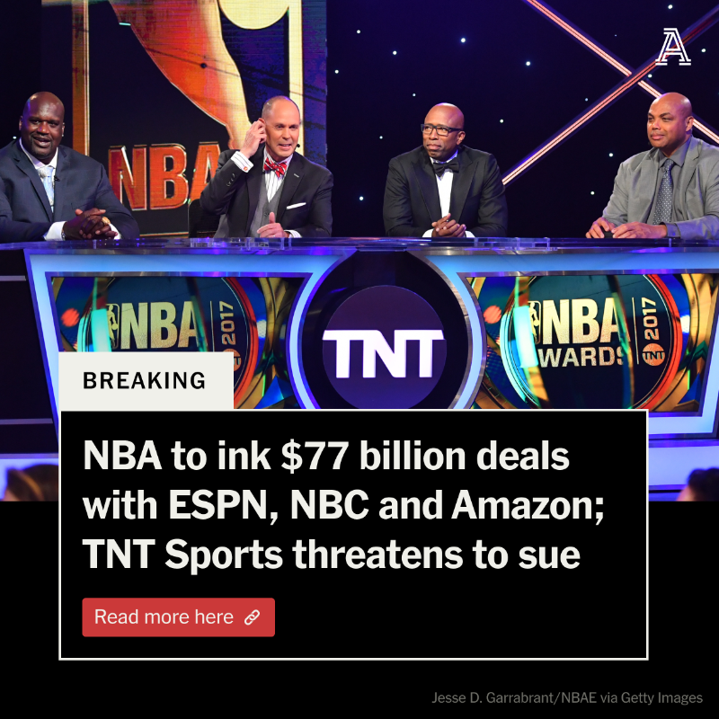 TheAthletic's tweet photo. NEWS: The NBA will have new 11-year TV deals with ESPN, NBC and Amazon Prime Video, rejecting TNT Sports’ right to match.

This means that TNT could go into this season with the specter of suing the league it is covering.

More details from @AndrewMarchand: