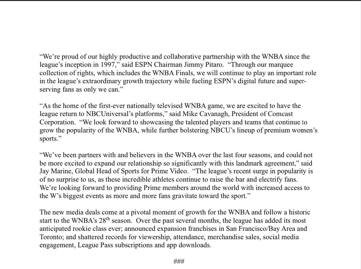 SheKnowsSports's tweet photo. Per release:

@WNBA SECURES LANDMARK MEDIA RIGHTS DEALS WITH THE WALT DISNEY COMPANY, AMAZON PRIME VIDEO AND NBCUNIVERSAL.

Full release 👇🏾 https://t.co/D6DHPynNzc