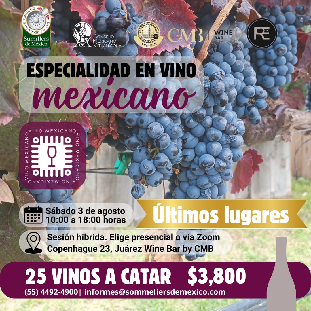 Consejo Mexicano Vitivinícola (@cmv_mx) on Twitter photo 🚨ESPECIALIDAD EN VINO MEXICANO🚨
¡Últimos lugares! El CMV y la <a href="/SumillersDeMex/">Escuela Mexicana de Sommeliers</a> te invitamos a formar parte de este curso, en el que podrás catar 25 etiquetas y aprender de la mano de <a href="/Sommelier_RE/">Ricardo Espindola</a>.
🗓️ 3 de agosto
⌚ 10:00 a 18:00 hrs
📍 <a href="/WineBarCMB/">Wine Bar by CMB</a> 🚨ESPECIALIDAD EN VINO MEXICANO🚨
¡Últimos lugares! El CMV y la <a href="/SumillersDeMex/">Escuela Mexicana de Sommeliers</a> te invitamos a formar parte de este curso, en el que podrás catar 25 etiquetas y aprender de la mano de <a href="/Sommelier_RE/">Ricardo Espindola</a>.
🗓️ 3 de agosto
⌚ 10:00 a 18:00 hrs
📍 <a href="/WineBarCMB/">Wine Bar by CMB</a>