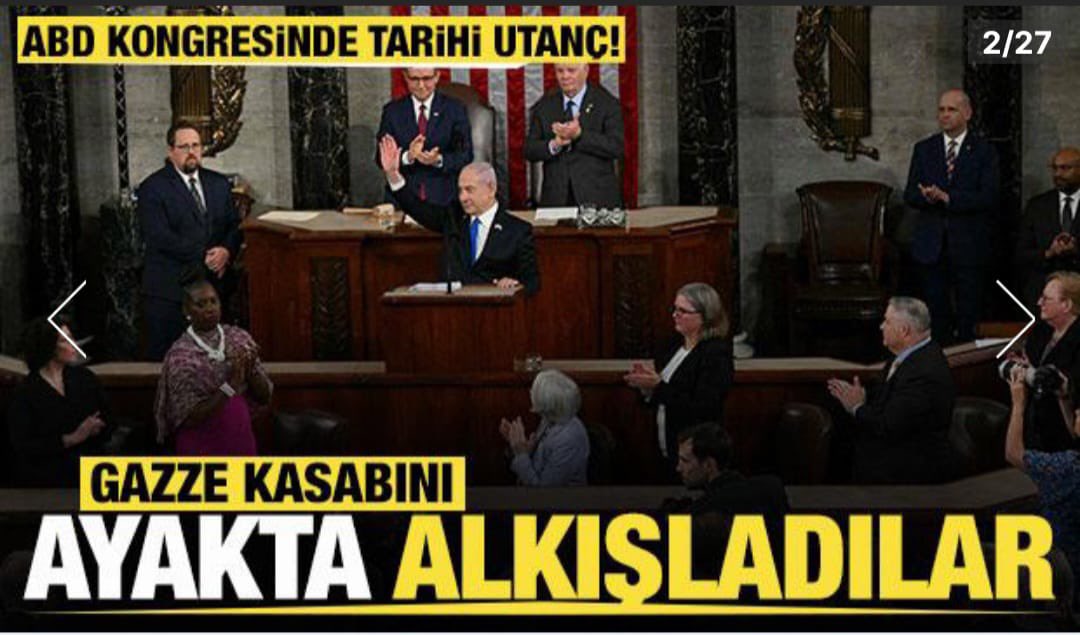 Bebek, çocuk, kadın, yaşlı demeden Gazze'de soykırım yaptığı Dünya genelinde kabul gören İsrail'in Devlet Başkanı Netanyahu'nun ABD Kongresinde yapmış olduğu konuşmanın her 40 saniyede bir kongre üyelerince alkışlaması ABD tarihine bir utanç vesikası rezillik olarak geçmiştir.