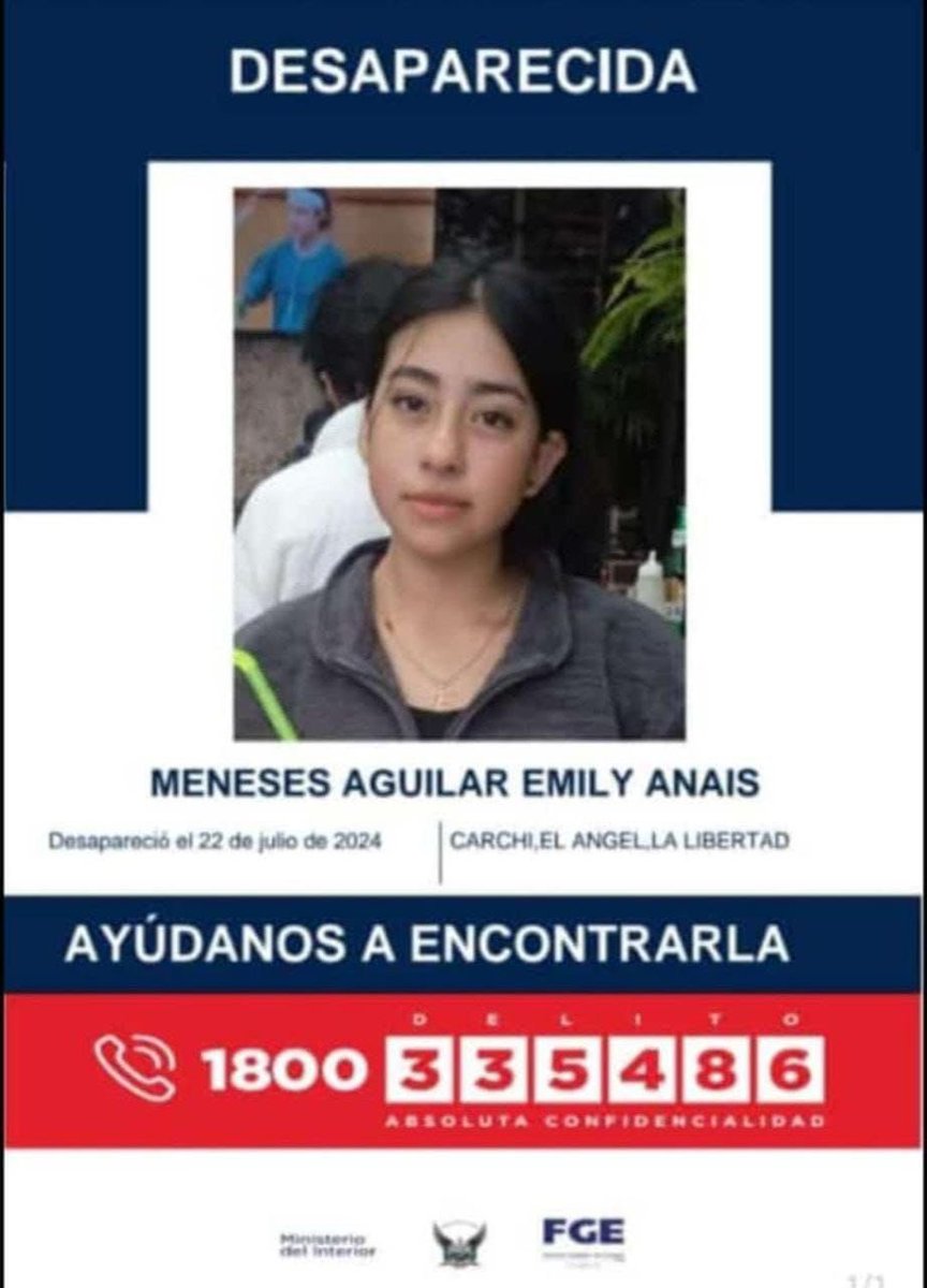 PoliciaEcuador's tweet photo. 🚨AYÚDANOS A ENCONTRARLA🚨

MENESES AGUILAR EMILY ANAIS, reportada como desaparecida desde el 22 de julio de 2024, en #Carchi.

📞 Si tienes información comunícate al 1800 DELITO (335486). https://t.co/DWoFotC5gT