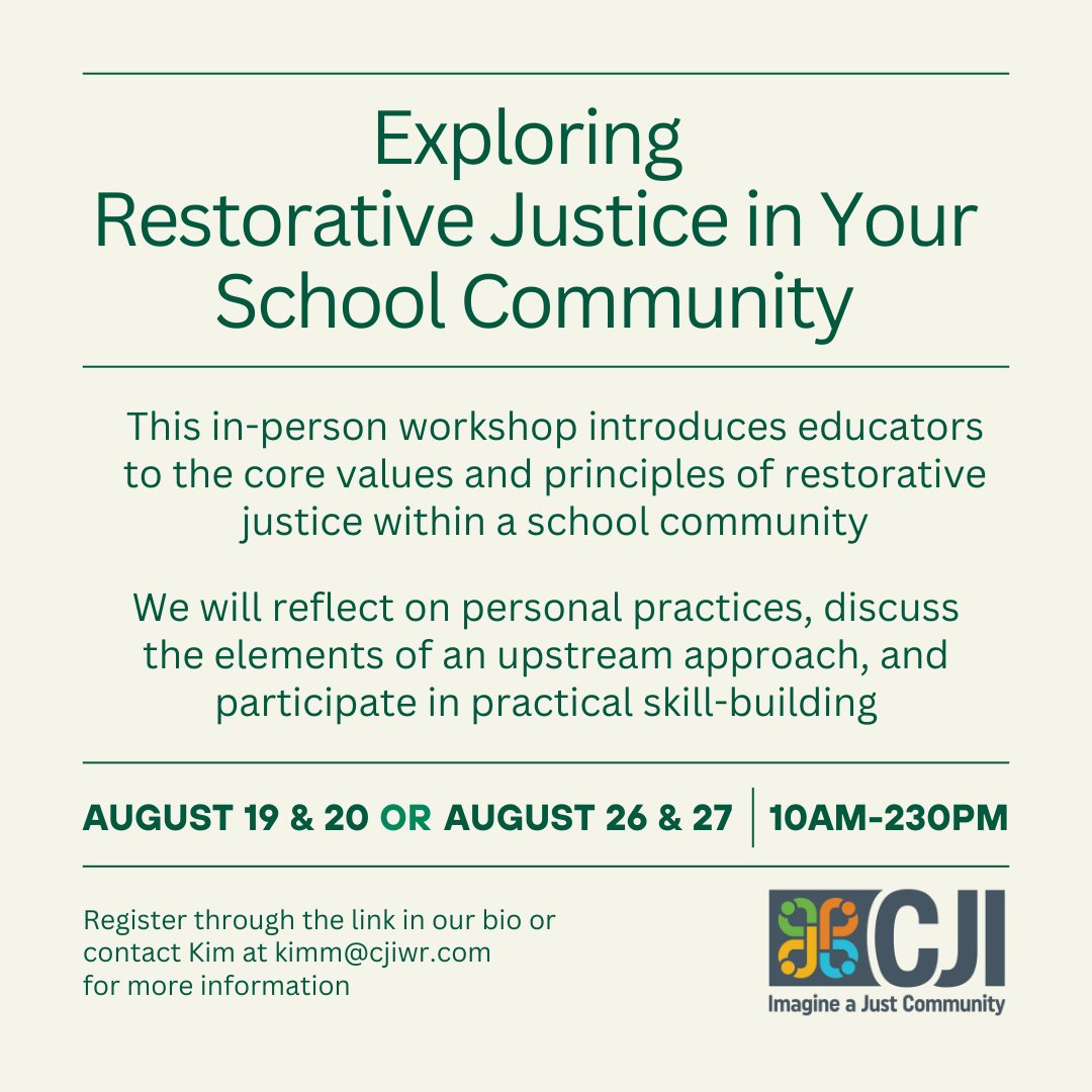 Calling all educators to join us for a workshop on Exploring Restorative Justice in Your School Community. Head to our website cjiwr.com/events/  to register and learn more!