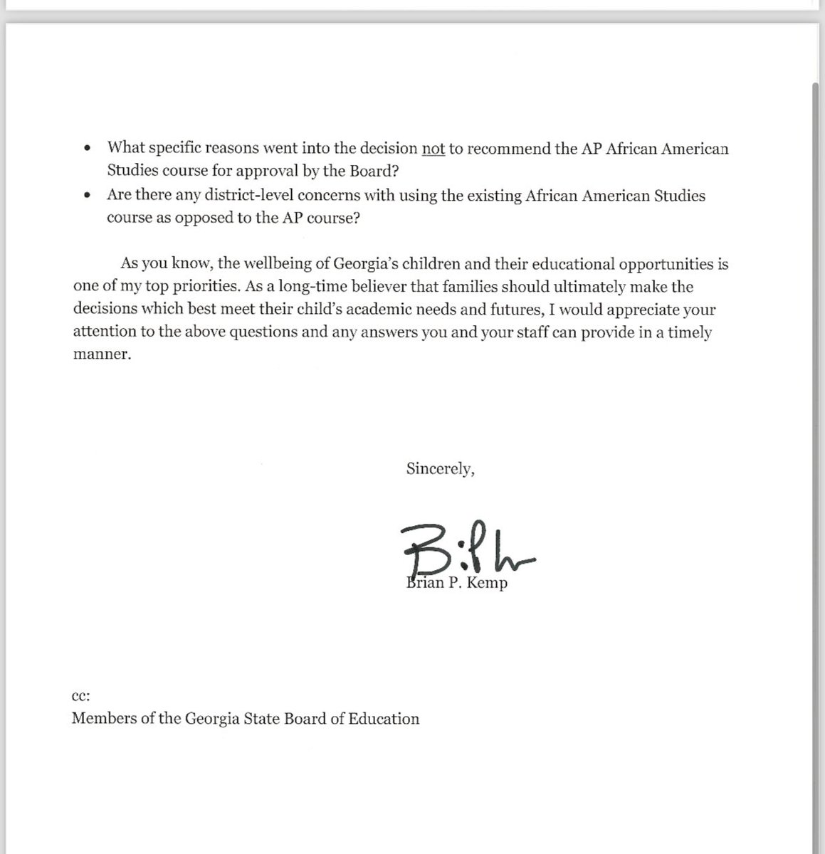 Just in: Georgia <a href="/GovKemp/">Governor Brian P. Kemp</a> has sharp questions about School Superintendent Richard Woods’ decision to nix Advanced Placement African American Studies courses in state public schools. “What specific reasons went into the decision not to recommend …” the course? #gapol